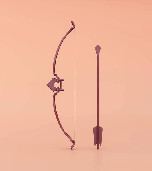 Hunting bow and arrow standing. Ancient warrior bow with single color orange. Medieval weapon. 3d rendering, nobody