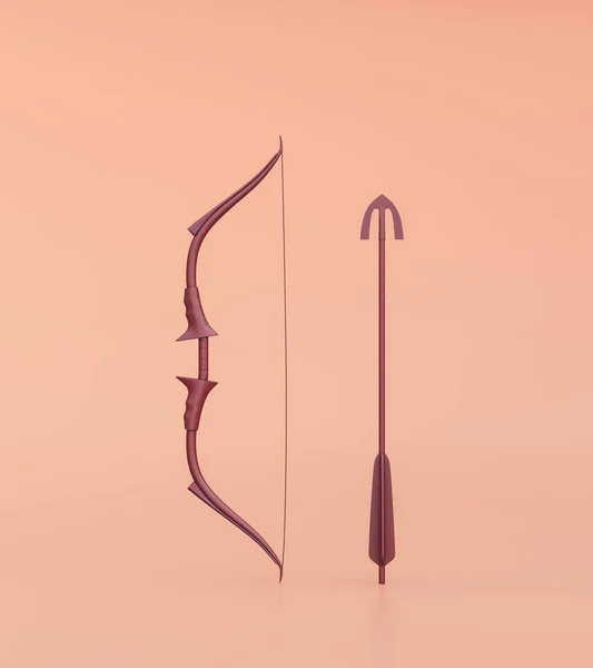 Hunting bow and arrow standing. Ancient warrior bow with single color orange. Medieval weapon. 3d rendering, nobody