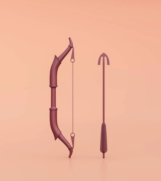 Hunting bow and arrow standing. Ancient warrior bow with single color orange. Medieval weapon. 3d rendering, nobody