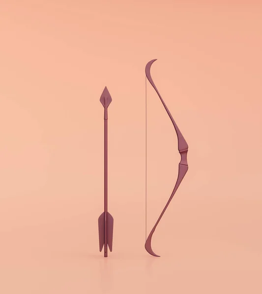 Hunting bow and arrow standing. Ancient warrior bow with single color orange. Medieval weapon. 3d rendering, nobody
