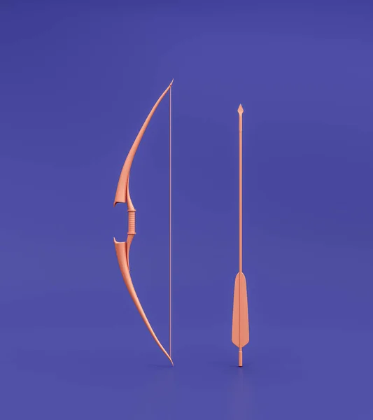 Bow and arrow as archery or hunting weapon. Single color medieval warrior bow and arrow standing. 3d rendering, nobody