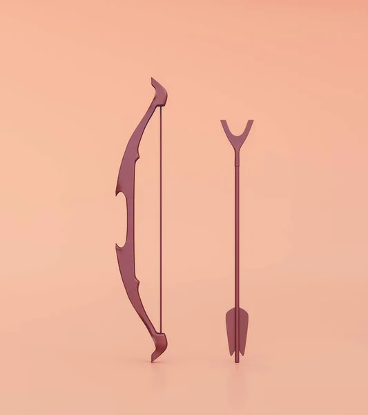 Hunting bow and arrow standing. Ancient warrior bow with single color orange. Medieval weapon. 3d rendering, nobody
