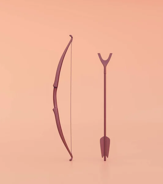 Hunting bow and arrow standing. Ancient warrior bow with single color orange. Medieval weapon. 3d rendering, nobody