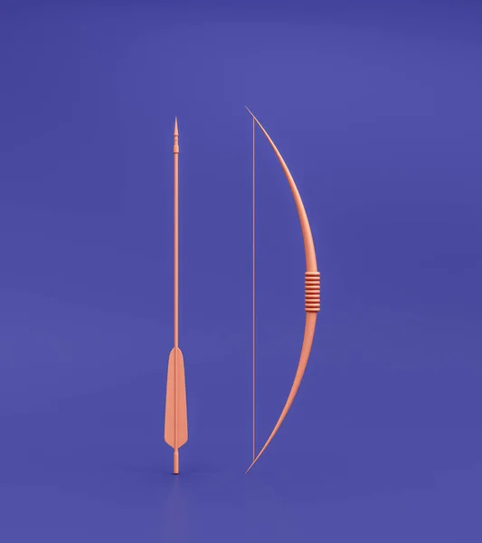 Bow and arrow as archery or hunting weapon. Single color medieval warrior bow and arrow standing. 3d rendering, nobody