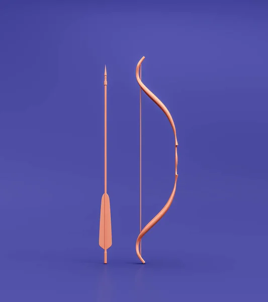 Bow and arrow as archery or hunting weapon. Single color medieval warrior bow and arrow standing. 3d rendering, nobody