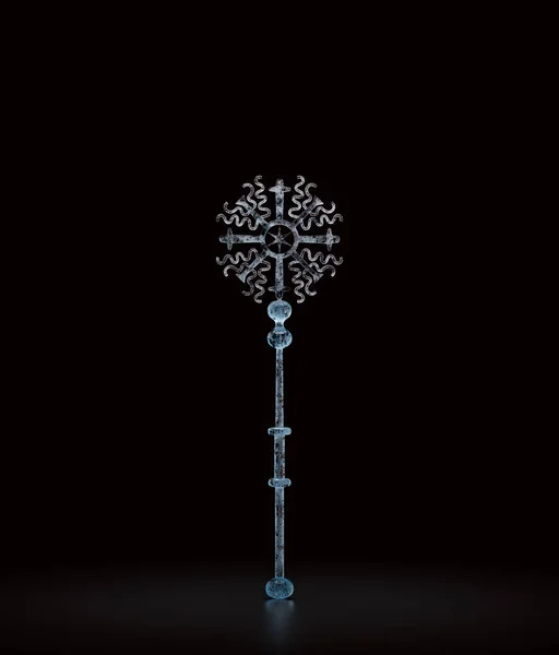 Frozen magic wand, wizard stick made of ice. A witch rod. Fantasy game assets magician fairy tale staff, 3d rendering, nobody