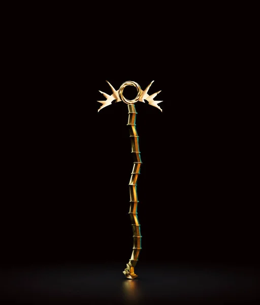 Golden magic wand, wizard stick witch rod. Rpg fantasy game assets, magician fairy tale staff, 3d rendering, nobody