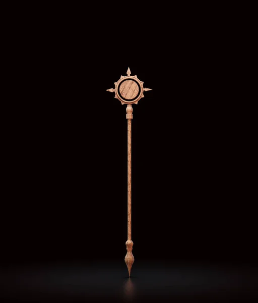 Wooden magic wand, wizard stick witch rod. Rpg fantasy game assets, magician fairy tale staff, 3d rendering, nobody