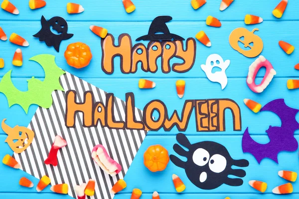 Tekst Happy Halloween Met Snoepjes Gelatine Papieren Vleermuizen Geesten Blauwe — Stockfoto