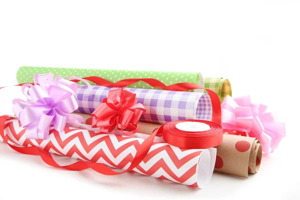 Rolls Craft Papers Ribbon Bows White Background — Stock Photo, Image