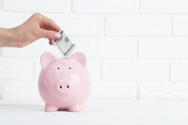 Beyaz tuğla duvarlı arka planda pembe kumbaraya para atan bir kadın.