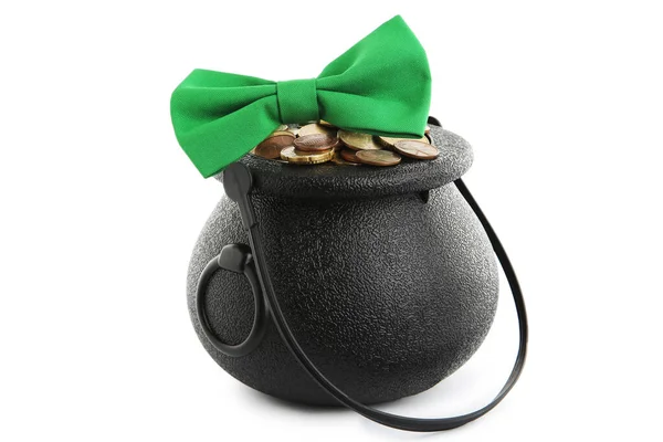 Pot Coins Green Bow Tie Isolated White Background Concept Patrick — Stock Photo, Image