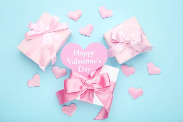 Geschenkboxen Mit Herzen Und Text Happy Valentines Day Auf Blauem — Stockfoto