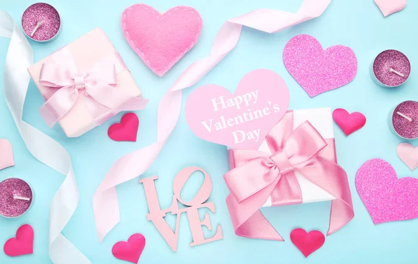 Herzen Mit Geschenkschachteln Und Text Happy Valentines Day Auf Blauem — Stockfoto