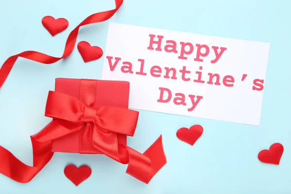 Червона Скринька Серцями Текстом Happy Valentines Day Blue Background — стокове фото