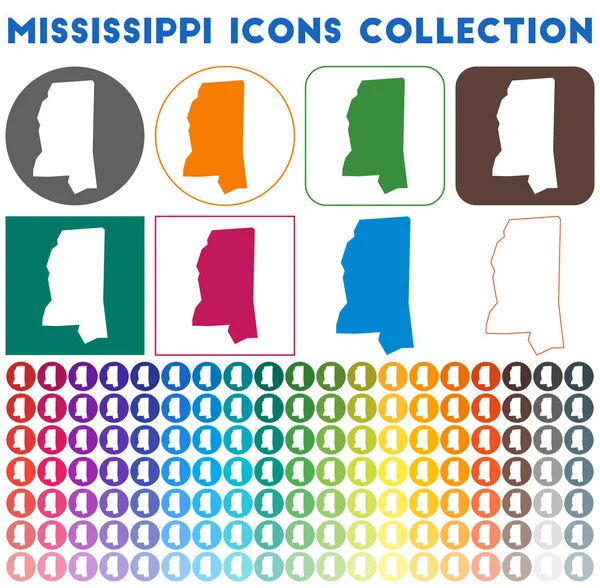 Coleção de ícones Mississippi Ícones coloridos brilhantes do mapa da moda Emblema moderno do Mississippi conosco —  Vetores de Stock