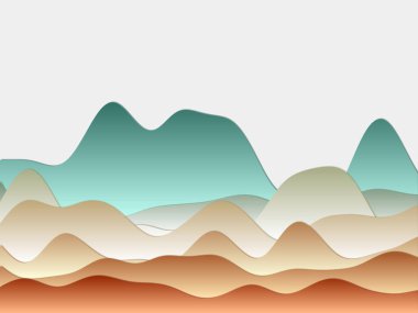 Soyut dağlar, arka planda mavi turuncu tabakalar. Kağıt kesim tarzı tepeler, zarif.