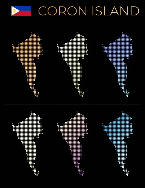 Coron Island kropkowana mapa zestaw Mapa wyspy Coron w kropkowaną stylu Granice wyspy wypełnione — Wektor stockowy