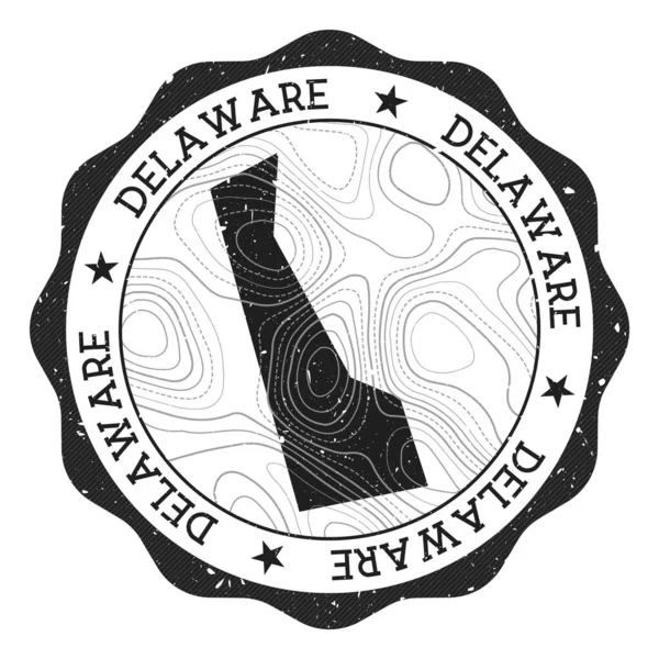 Timbre extérieur Delaware Autocollant rond avec carte de nous état avec isolines topographiques Vector — Image vectorielle