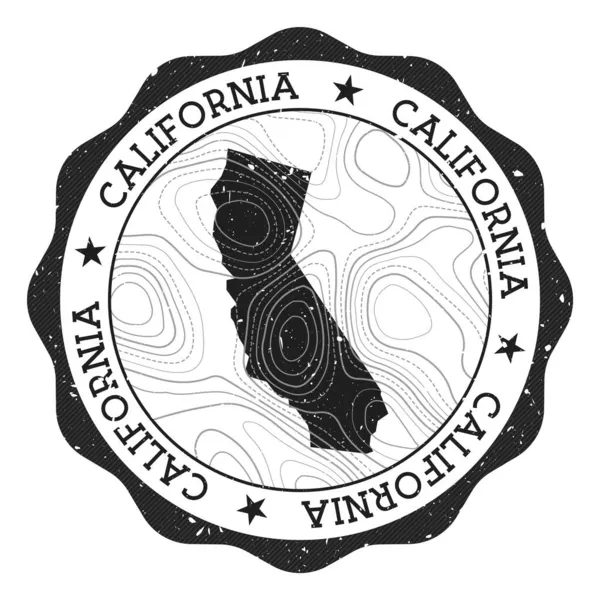 Kalifornien frimärke Rund dekal med karta över oss tillstånd med topografiska isoliner Vector — Stock vektor