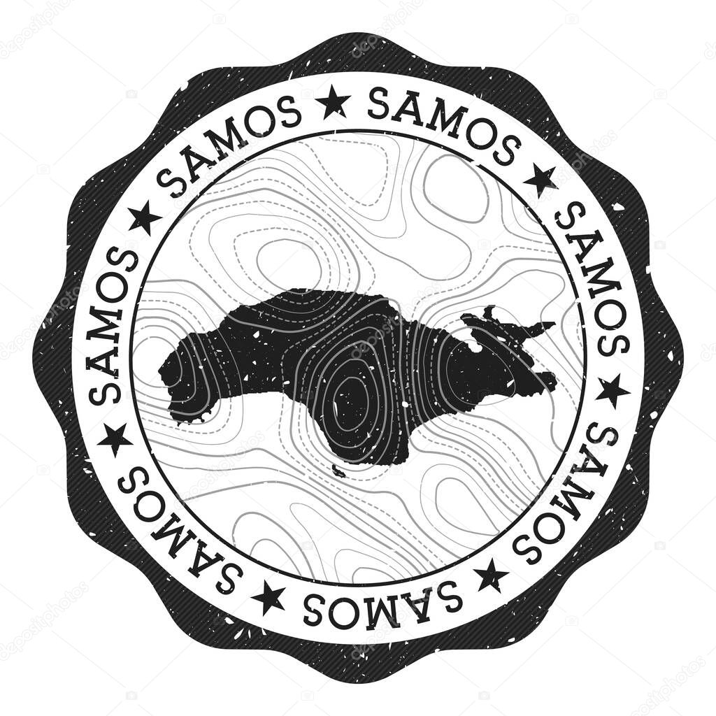 Samos outdoor stamp Round sticker with map of island with topographic isolines Vector