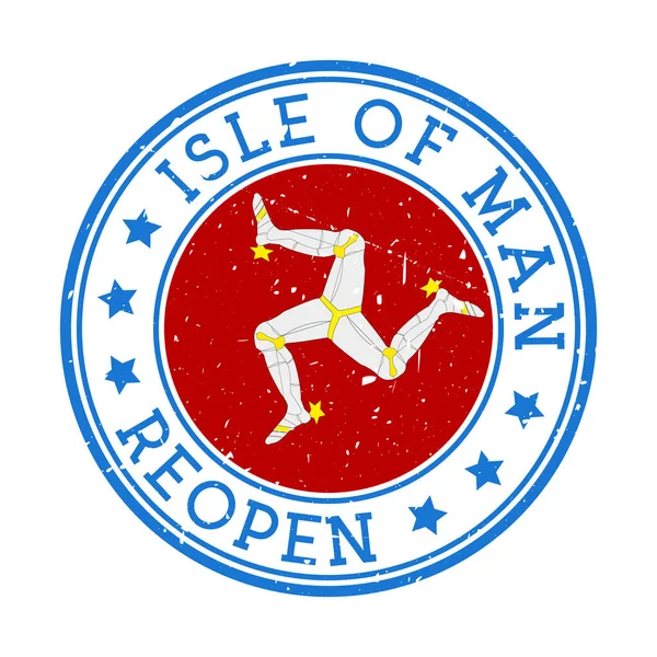 Insignia redonda del país con la bandera de la Isla de Man Reapertura después de — Archivo Imágenes Vectoriales