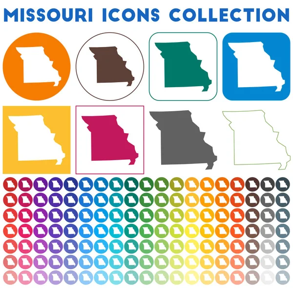 Missouri iconen collectie Heldere kleurrijke trendy kaart iconen Modern Missouri badge bij ons staat — Stockvector