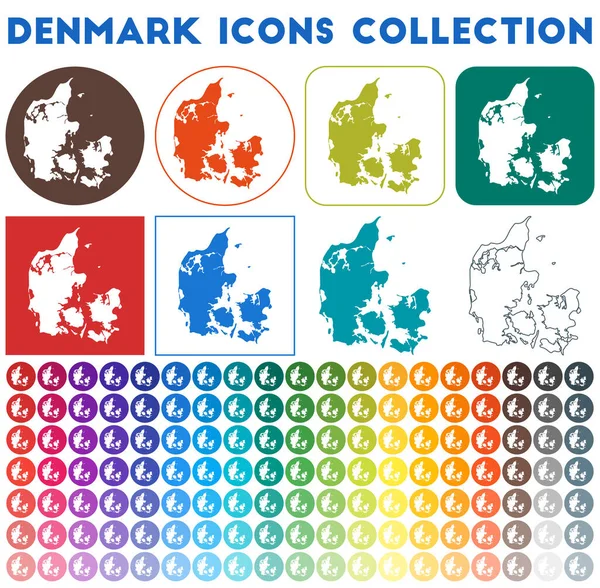Dinamarca colección de iconos Iconos de mapa de moda de colores brillantes Insignia de Dinamarca moderna con mapa de país — Vector de stock