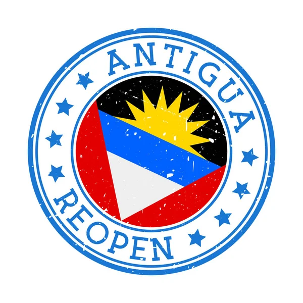 안티 구아 (Antigua) 봉쇄 후 재개 된 안티 구아 (Antigua) 국기와 함께 국가의 스트룹 라운드 배지 — 스톡 벡터