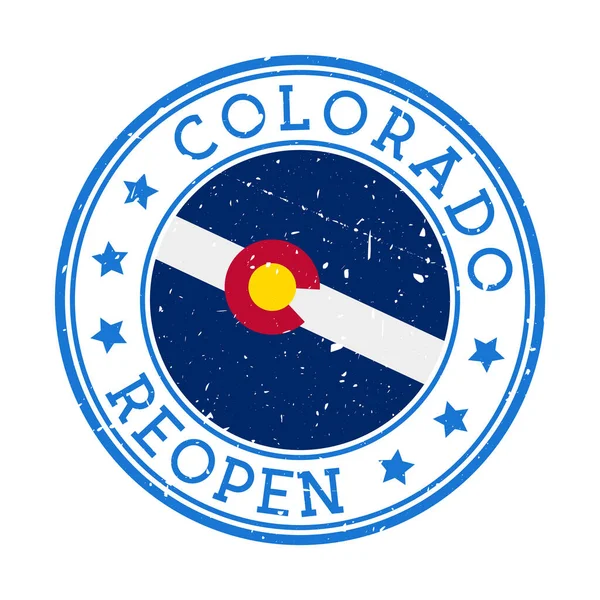 Colorado heropening postzegel Ronde badge van de Amerikaanse staat met vlag van Colorado heropening na lockdown — Stockvector