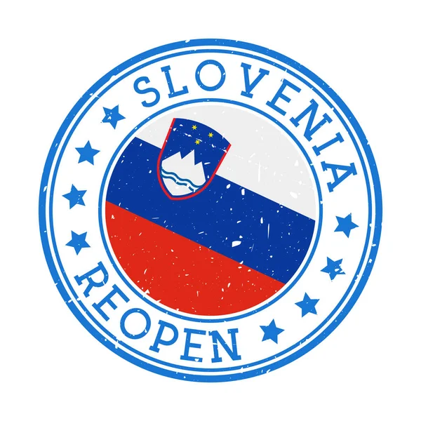 Eslovénia Reabertura do carimbo Insígnia redonda do país com bandeira da Eslovénia Reabertura após bloqueio —  Vetores de Stock