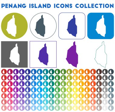 Penang Adası simgeleri koleksiyonu Parlak renkli moda harita simgeleri Modern Penang Adası rozeti ile