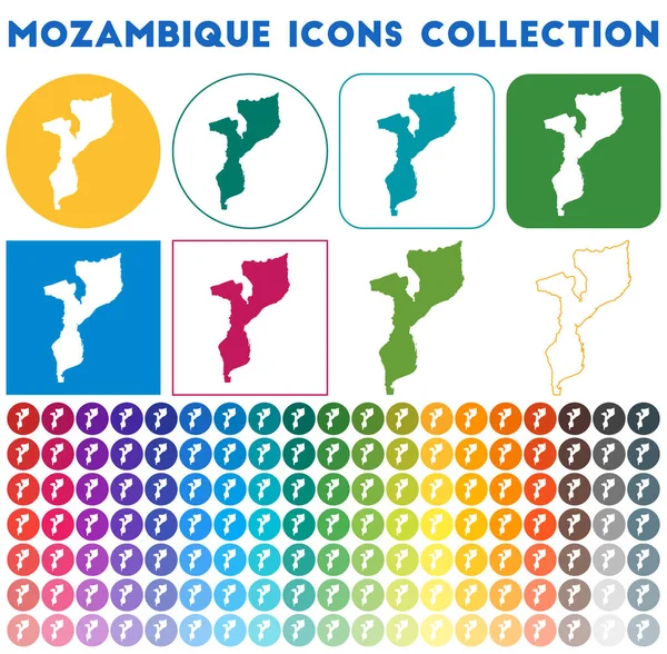 Mozambique colección de iconos Iconos de mapa de moda de colores brillantes Insignia moderna de Mozambique con país — Vector de stock