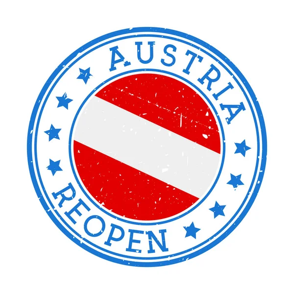 Áustria Reabertura do carimbo Insígnia redonda do país com bandeira da Áustria Reabertura após bloqueio —  Vetores de Stock