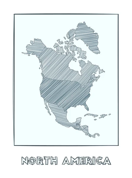 Skiss karta över Nordamerika Grayscale handritad karta över kontinenten Fyllda regioner med hachure — Stock vektor