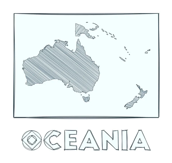 Mapa do esboço da Oceania Mapa desenhado à mão em escala de cinza do continente Regiões preenchidas com hachure —  Vetores de Stock