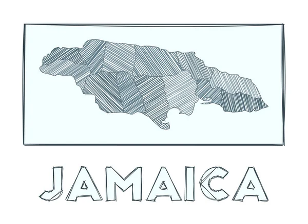 Sketch map of Jamaica Grayscale mapa dibujado a mano del país Regiones llenas de rayas de hachure — Archivo Imágenes Vectoriales