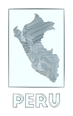 Ülkenin el çizimi Peru Gri Ölçek haritası. Haşhaş çizgileriyle dolu bölgeler.