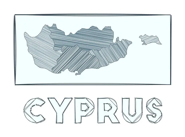 Szkic mapy Cypru Waga szarości ręcznie narysowana mapa kraju Wypełnione regiony pasami haczykowymi — Wektor stockowy