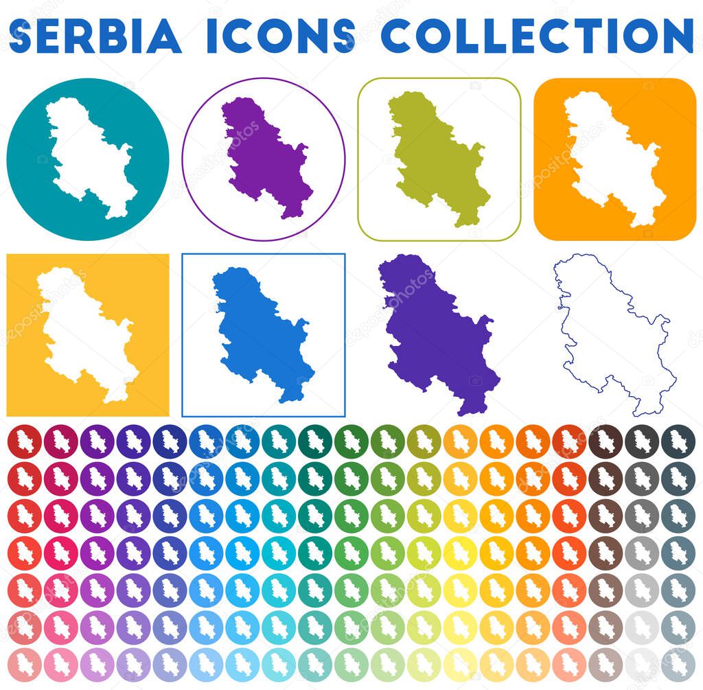 Serbia icons collection Bright colourful trendy map icons Modern Serbia badge with country map