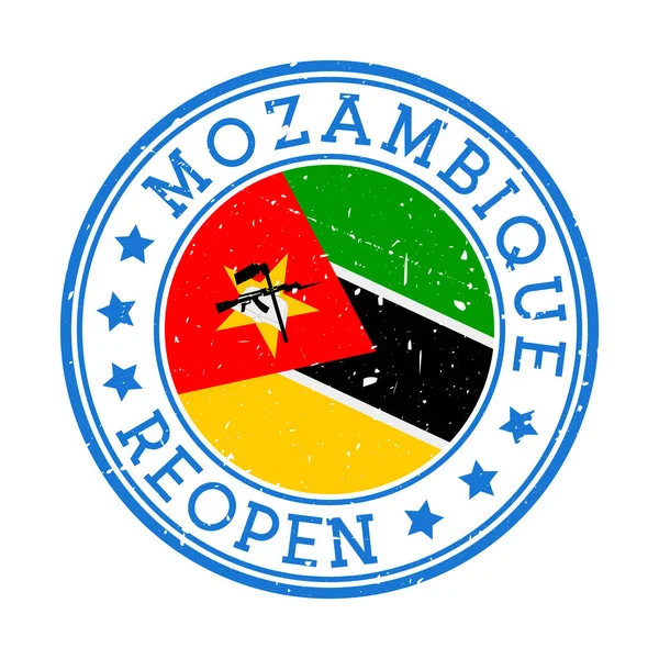 Mozambique Reapertura Sello Insignia redonda del país con la bandera de Mozambique Reapertura después — Archivo Imágenes Vectoriales