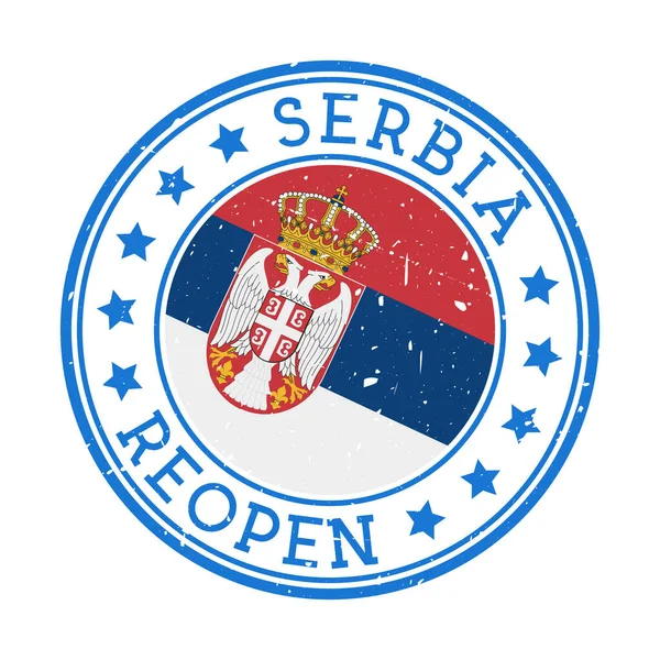 Serbia Reopening Stamp Round badge of country with flag of Serbia Reopening after lockdown sign —  Vetores de Stock