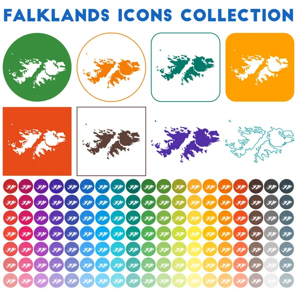 Falklands icons collection Bright colourful trendy map icons Modern Falklands badge with country — Vetor de Stock