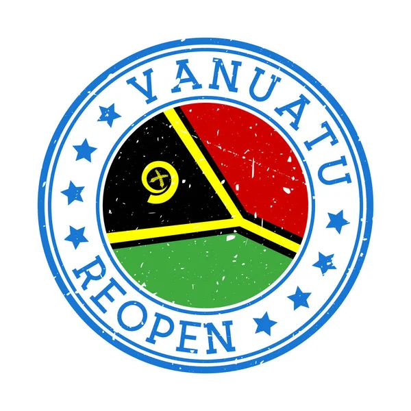 Vanuatu znovuotevření známky Kulatý odznak země s vlajkou Vanuatu znovuotevření po uzamčení — Stockový vektor