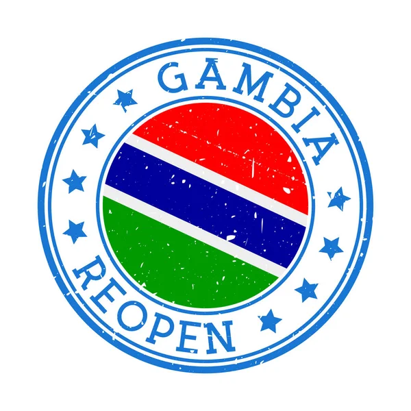 Gambia Reapertura Sello Insignia redonda del país con la bandera de Gambia Reapertura después del bloqueo — Vector de stock