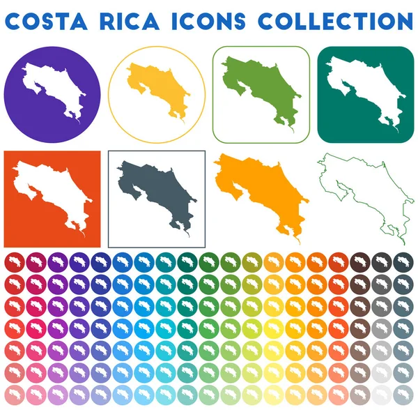 Colección de iconos de Costa Rica Iconos de mapa de moda de colores brillantes Insignia de Costa Rica moderna con país — Vector de stock