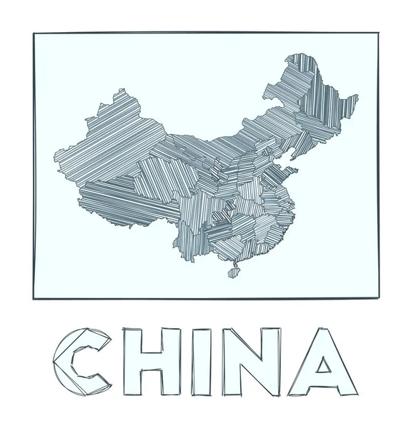 中国のスケッチ地図全国のグレースケール手描き地図勇壮なストライプがいっぱいの地域 — ストックベクタ