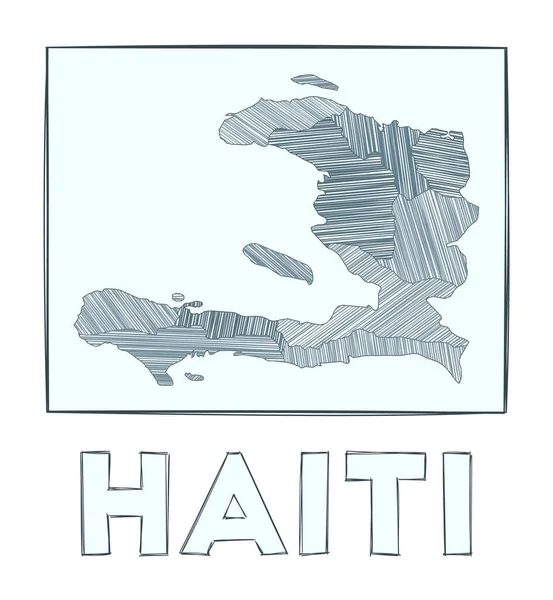 Sketch map of Haiti Grayscale mapa dibujado a mano del país Regiones llenas de rayas de hachure — Vector de stock