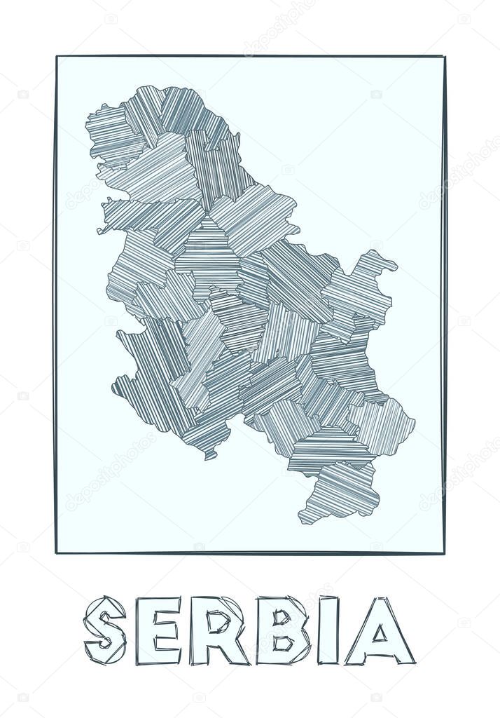 Sketch map of Serbia Grayscale hand drawn map of the country Filled regions with hachure stripes