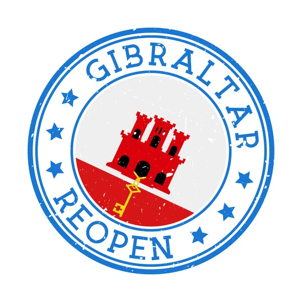 Gibraltar Reapertura Sello Insignia redonda del país con bandera de Gibraltar Reapertura después del cierre — Vector de stock
